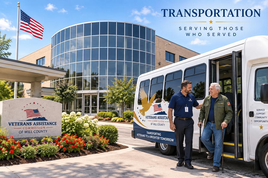 Veteran with VSO in front of transportation shuttle